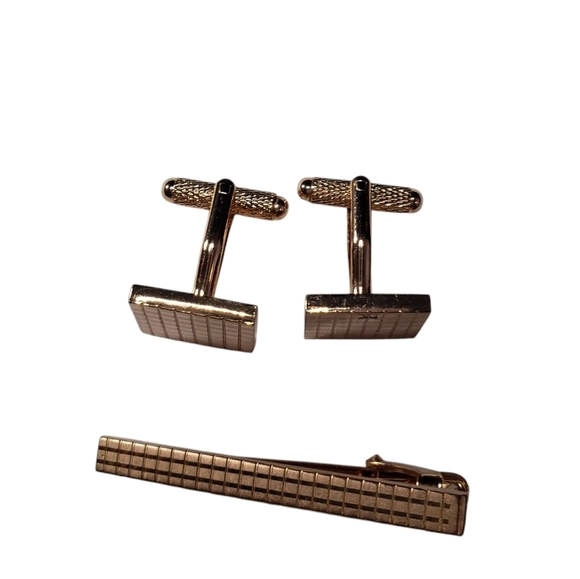 Cufflinks and Tie Clip Set Rose Gold Tone Metal Wedding Formal Tux - Picture 7 of 9